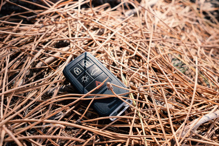 Lost car keys lying on pine forest ground. Lost concept