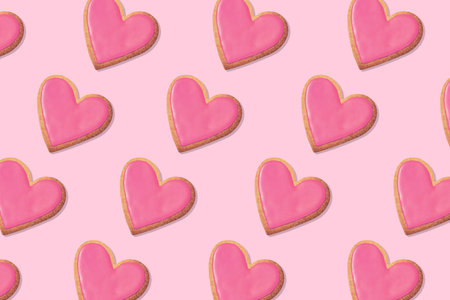 Background pattern of Heart shaped cookie. Top view. Love concept