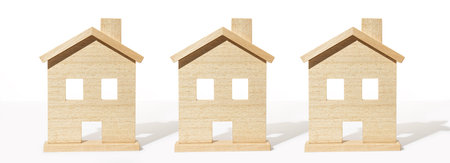 Real estate banner. Group of wooden house model on white background