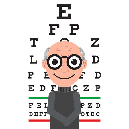 Old man wearing eyeglasses isolated on Table For Testing Visual Acuity background. Cartoon vector illustrationのイラスト素材