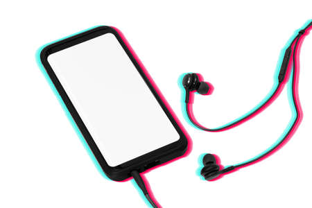 Smart phone with blank screen for mock up and colorful shadows. Isolated on white background. Pop art styleの写真素材