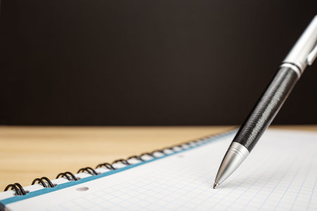 Ballpen and notebook close up. Idea, working, learning or writing concept. Copy space