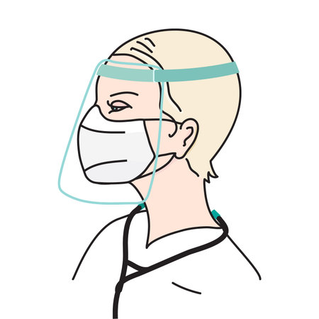 Doctor woman with face mask and face shield. Protection wear during  crisis. Flat vector illustrationのイラスト素材