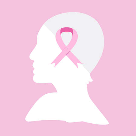 Female head with pink ribbon inside. Breast cancer conceptのイラスト素材