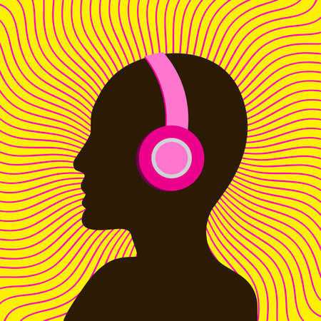 Silhouetted woman with headphones. Eighties retro party music background. 80s Vector illustrationのイラスト素材