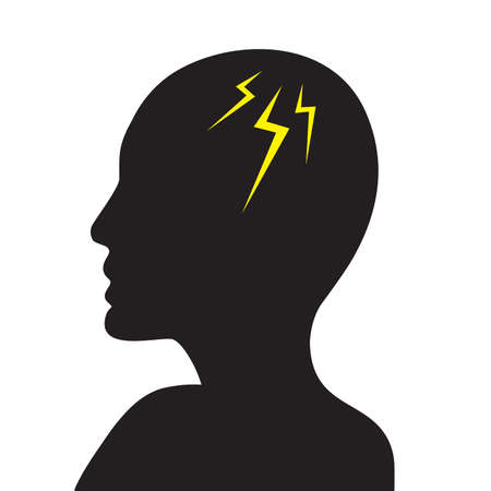 Human head with thunderbolt icon inside as brain. Concept of stress chaotic thought process. Flat vector illustrationのイラスト素材