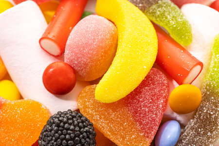Close up of Assortment candies. Colorful jellies backgroundの写真素材