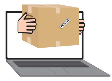 Delivery through on laptop. Online buying and Delivery concept. Hand holding package. Flat style vector illustrationのイラスト素材
