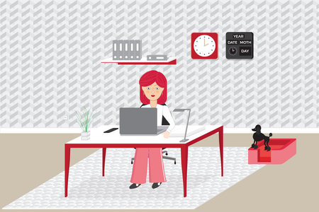 Woman Girl Sitting At Home desk Working Freelance. Remote worker or working at home conceptのイラスト素材