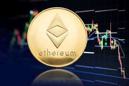 Ethereum coin and stock chart background with price falling. Cryptocurrency