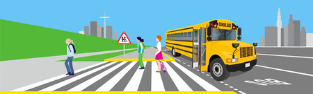 Back to school Scene of a yellow BUS school, crosswalk and school kids walking. Flat illustration