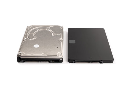 Modern SSD and old HDD Hard disk drive isolated on white background. Computer hardware data storage