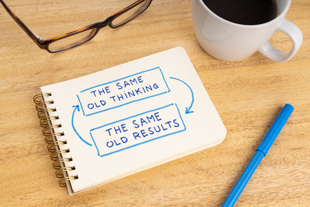 The same old thinking the same old results phrase on notebook. Closed loop or negative feedback...