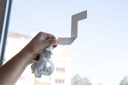Close up of a Woman hand removing a vinyl sticker from a window with a tool. Copy space