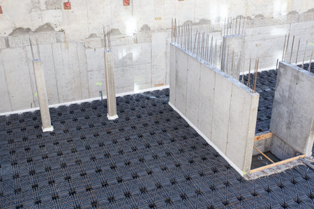 Concrete foundation basement of a building. Suspended slab. Construction site