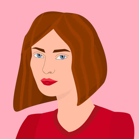 Portrait of beautiful girl with brown hair looking at camera with intriguing glance. International womenâs day. Women empowerment movement. Flat vector illustrationのイラスト素材