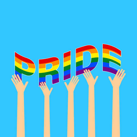 Raised hands holding together PRIDE word on blue background. LGBT gay pride concept. Vector illustrationのイラスト素材