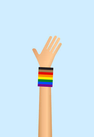 Raised hand wearing gay pride rainbow flag wristband on blue background. LGBT gay pride concept. Vector illustrationのイラスト素材