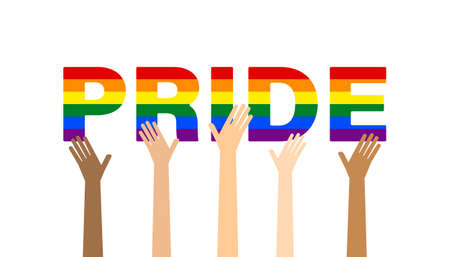 Multiethnic raised hands holding together PRIDE word on white background. LGBT gay pride concept. Vector illustrationのイラスト素材