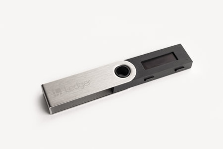 Galicia, Spain; january 18, 2022 : Ledger Nano S cryptocurrency hardware wallet isolated on white backgroundのeditorial素材