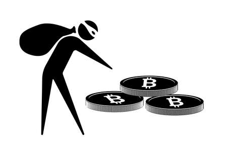 Thief icon with bag stealing Bitcoin cryptocurrency. Vector illustrationの写真素材
