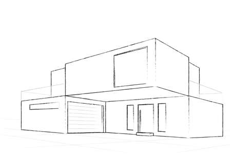 Modern house building sketch. Architectural plan of a Modern house. Construction perspective architecture designing line art background. Vector illustrationのイラスト素材
