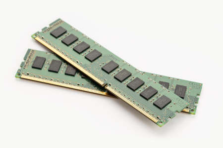 Galicia, Spain; april 1, 2022: two RAM memory module isolated on white background. Computer hardwareの写真素材