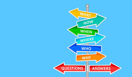 Question words on signpost isolated on blue background with copy space. Vector illustrationのイラスト素材