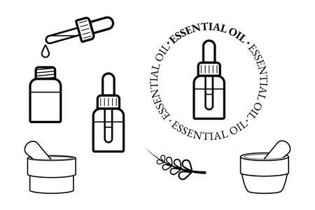 Essential oil icon set. Aromatherapy and cosmetic oil symbol. Line style vector illustrationのイラスト素材