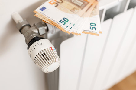 Close up of Euro banknotes on a heating radiator. Energy cost crisis conceptの写真素材