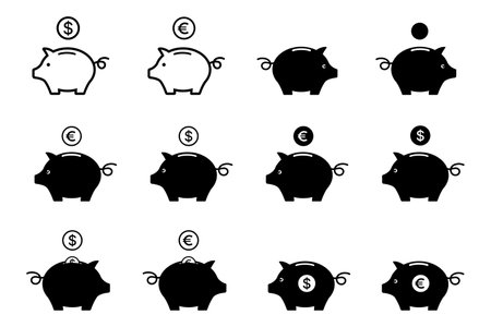 Icon set of Piggy bank with coin. Vector illustrationのイラスト素材