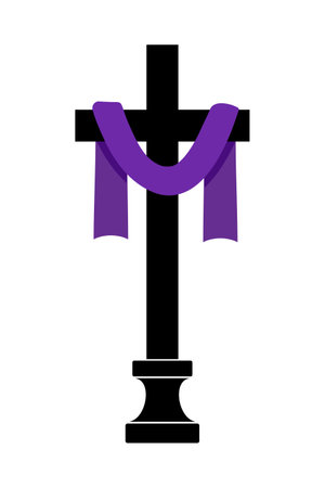 Christian cross with purple fabric icon. Holy Week symbol. Flat vector illustrationのイラスト素材