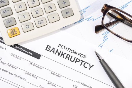Bankruptcy form, calculator and pen on desk. Personal injury claim form. Top viewの写真素材