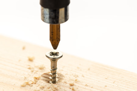 Screw screwed into wooden plank with a screwdriver. Copy spaceの写真素材