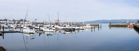 Vilagarcia de Arousa, Spain; may 4, 2023: Panoramic view of Yacht harbor of Vilagarcia de Arousa, Pontevedra, Spain on a sunny dayのeditorial素材