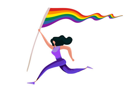 Running Woman holds a pride flag isolated on white background. vector illustrationのイラスト素材