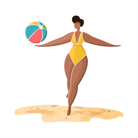 Beach Scene of a Woman playing with beach ball isolated on white background. Vacation on seashore coast Concept. Vector illustrationのイラスト素材