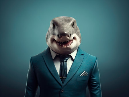 Shark businessman with dressed in suit on blue background. Generative AIの素材