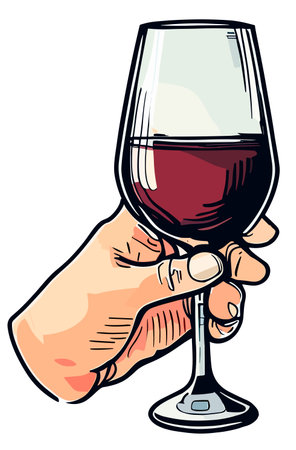 Hand holding a Red Wine glass isolated on white background. Clip art illustration style. AI generatedの素材