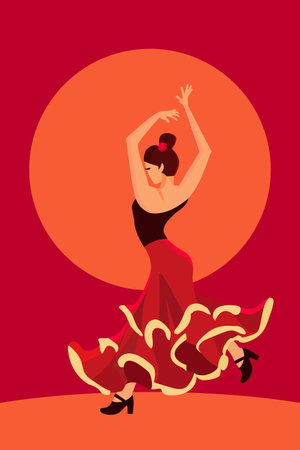 Flamenco dancing poster. Copy space for text. Flat vector illustrationのイラスト素材