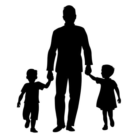 Father with son and daughter walking silhouette. Vector illustrationのイラスト素材