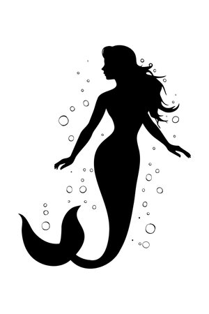Mermaid swimming underwater silhouette. Vector illustrationのイラスト素材