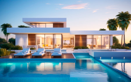 Modern luxury house with pool at late afternoon in a tropical placeの素材