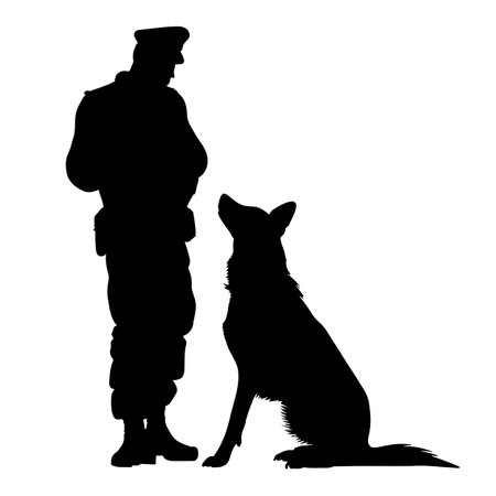 Policeman and german shepherd dog silhouette. vector illustrationのイラスト素材