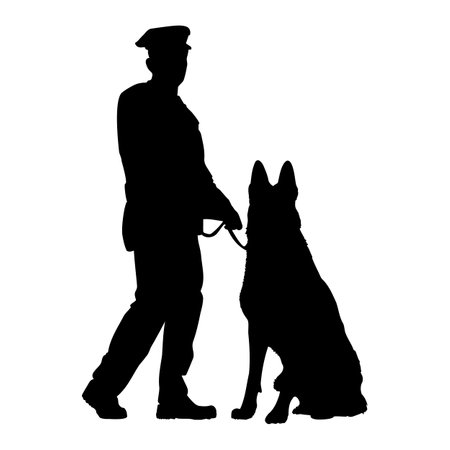 Security guard and dog standing silhouette. vector illustrationのイラスト素材