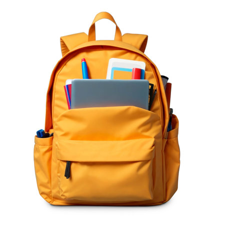 School backpack isolated on white background. Back to school concept. AI Generativeの素材