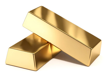Two Gold ingot isolated on a white background. AI generativeの素材