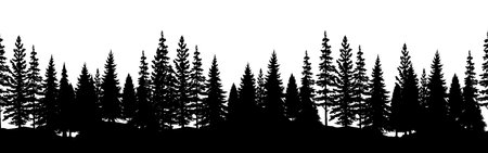 Evergreen trees forest silhouette. Seamless border. vector illustrationのイラスト素材