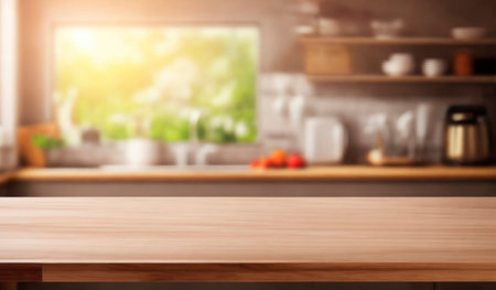 Empty Wooden table top mockup and blurred kitchen background. AI generativeの素材