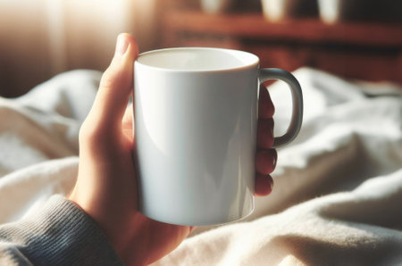 Hand holding a Blank white mug on home indoor. Template mockup. AI Generativeの素材